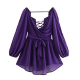 Fongt Explosive Women's Temperament V Neck Shoulder Sleeves Tethered Waist Dress