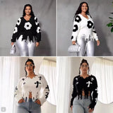 Fongt Hole Tuxed Sweater Dark Long Sleeve Loose Knitted Shirt