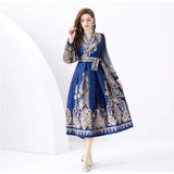 Fongt Famous Woman On Holiday Wrapped With V-Neck Lantern Sleeve Long Retro-Print Dress Elegant Woman