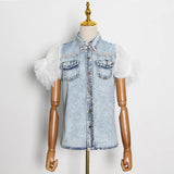 Casual Patchwork Mesh Jacket For Women Lapel Sleeveless Streetwear Denim Jackets Female Fashion New Clothing