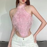 Fongt Spring New Women's Pure Hot Girl Sexy Hanging Back Light Filament Espoo Short Outer Vest