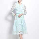 Fongt Fragrant Suit Women's Short Round Collar Bubble Sleeve Lace Blouse High Waist Swing Half Dress Women's Autumn Dress Two Sets