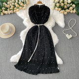 Fongt Temperament Heavy Industry Pearl Wood Ear Round Collar Dress Women's Summer New Waist Thin 100 Folded Long Skirt
