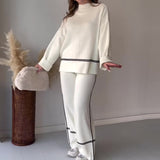 Fongt 2023 New Fashion Solid Color Line Print Casual Sweater Set-Outfit