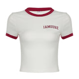 Leisure Color Flanged Round Collar Short-Sleeved T-Shirt Summer Simple Letter Printed Knitted Blouse-Outfit