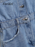 V Neck Button Up Casual Denim Rompers Overalls Women Blue Rompers Playsuits Short Sleeve Spring Summer Outfit