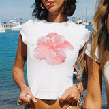 Fongt New Flower Print Short-Sleeved T-Shirt Girl Sexy Hottie Breathable Top