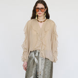 Fongt High-End Design Pure Color Temperament Chiffon Lotus Side Zipper Top With Comfortable Loose Long-Sleeved Shirt