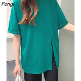 White Chic Women T-shirts Solid Color Loose Short-sleeved Tshirt Female Summer Casual Split Tees Elegant Yellow Tops
