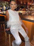 Patchwork Feather Pullover Women Tops White Sleeveless Round Neck Solid Tops Women Summer Loose Fashion Party