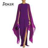 Sexy Evening Party Dress 2020 Summer Chiffon Patchwork Long Sleeve Loose Dress Ladies High Slit Solid Maxi Dress