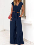 Fongt Women's Clothing 2025 New Summer V Tie With Open-Vum Wide Leg Trousers Casual Fashion Set