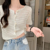Row Hollow T-Shirt Women's Summer New Cardigan Short Leisure Thin Solid Color Temperament Short-Sleeved Top