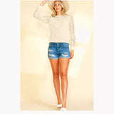 Fongt Round Collar Hollow Coated Women Autumn Fashion Pineapple Lace Splicing Sleeve Jersey Women