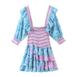 Romantic Printing Heavy Industry Laminated Lotus Leaf Pleated Bubble Sleeve Dress In Spring-Outfit