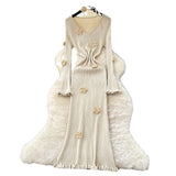 Fongt Temperament Three-Dimensional Flowers V-Neck Long-Sleeved Dress Women Slim Thin Inside Sweater Skirt Autumn And Winter New