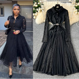 Fongt Retro Elegant Dress Women Winter High Hook Lace Splicing Mesh Yarn Irregular Knee Dress