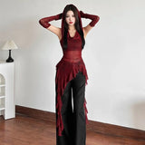 Fongt New Halloween Cos Red Collar Hooded T-Shirt Women's Lotus Side Irregular Sleeves Thin Top