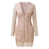 Fongt New Women's Ebay Dress Deep V Perspective Long Sleeve Short Dress Sprinkled Gold