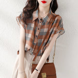Fongt Chiffon Shirt Women's Summer Thin 2025 New Loose Belly T Jack Plaid Printing Ocean Chic Shirt