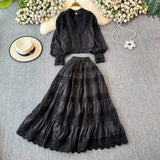 Fongt Autumn Lantern Sleeve Long-Sleeved Hollow Lace Splicing Shirt + A Word Half-Dress Dress Dress Woman