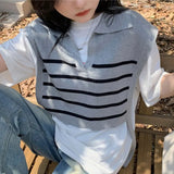 New 2022 Korean Fashion Waistcoat Striped Knitted Oversized Women Autumn Winter Sweater Vests Short Tops