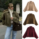 Fongt Spring New Women's Fashion Army Green Velvet Effect Short Long Sleeve Epaulets Coat