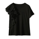 Amorous Feelings ~ Irregular Lotus Leaf Edge Design Round Collar Pure Cotton T-Shirt Short-Sleeved Shirt Girl EGTX46512-Outfit