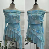 Fongt And Spicy Shoulder Dyed Printing Mesh Long-Sleeved Coat Folds Irregular Ribbon T-Shirt 9997