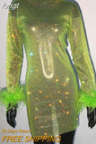 Bling Mesh Feathers Rhinestone Women Dress Long Sleeves Diamond Fishnet Hollow Out See Through Evening Party