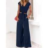 Fongt Women's Clothing 2025 New Summer V Tie With Open-Vum Wide Leg Trousers Casual Fashion Set