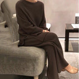 Autumn Knitted Long Sleeve Top Wide Leg Pants Set Casual Korean 2PC Lady O-Neck Sweater Suits Classic Solid Femme