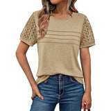 Fongt Summer New Women's Casual Loose Round-Neck Lady T-Shirt Solid Color Lace Splicing