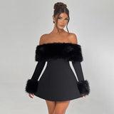 Fongt Autumn And Winter New Women's Fashion Temperament Sexy Hair Collar Shoulder Repair A-Word Dress