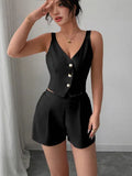 Fongt Temperament Thin Commuter Vest Shorts Solid Color Two-Piece Set