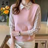 Lady Printed Knitted Patchwork Shirt Fake Two Pieces Spring Autumn Turn-down Collar Female Loose Button Sweet Blouse 2023-Outfit