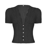 Fongt And Summer Basic Solid Color Dark V Buckle T-Shirt Top Bow Texture Texture To Close The Waist Design Spice Girls Shirt Collection