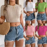 Fongt Shooting 2025 Spring And Summer Leisure Mahjong Short-Sleeved Knitted Jersey Holiday Short Umbilly Tops Women's Clothing