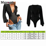 Black Deep V Neck Bodysuit Women Sexy Puff Sleeve Bodycon Jumpsuit Solid Elastic Casual Party Winter Bodysuits Body