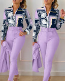 Women's Elegant Two Piece Pants Sets Printed Long Sleeve Shirts and Pants with Belt Fashion Women 2pcs Suits Office