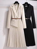 Women's Dress Notched Chiffon Elegant Dresses for Women 2023 Spring Pleated White Dress Belt Knee-Length Solid OL Woman