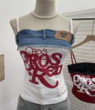 Fongt Letter-Print Spliced Denim Sling Vest Repair Outside The Hot Babes Bumpy Short Sleeveless Top 2309