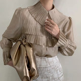 Spring New Stylish Transparent Pleated White Shirts Women Turn-down Collar Single-breasted Loose Female Blouse Tops