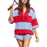 Fongt Spring And Summer New Women's Striped Half-Sleeved Oversized Shorts Casual Sportswear Two Sets
