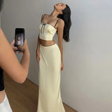 Satin Contrast Trim Bow Crop Top And Maxi Skirt Two Piece Set-Outfit