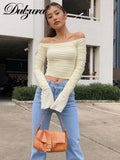 Mesh Patchwork Women Long Sleeve Crop T Shirt Ruched Off Shoulder Bodycon Sexy Elegant Streetwear 2021 Spring