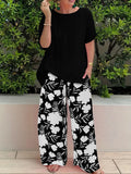 Fongt Plus Code Lady Two-Set Set Of Stylish Short-Sleeved Round Collar Top Wide Leg Trousers Print Casual Dress