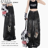 Fongt Multi-Pocket Work-Wear Ripped Jeans Women's Summer Design Feel Loose High-Rise Straight Broad Leg Pants
