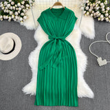 Fongt Summer French Retro Temperament Polo Collar Loose Belt A-Word Knitted Dress Casual Dress