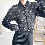 Fongt Folded Print Folding Shirt 2025 Summer New Cardigan Blouse Retro Temperament Wrinkled Shirt